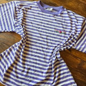 Striped T-Shirt Purple White Floral Embroidered Short‎ Sleeve Top lg